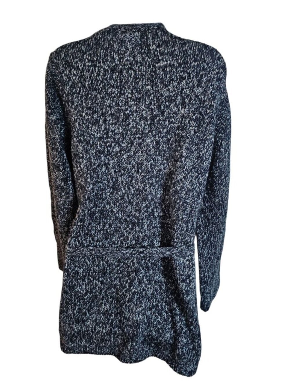 A.M.I. Women Large Cardigan Blue Grey Marled Knit Wrap Belted Essential Timeless - Picture 3 of 6